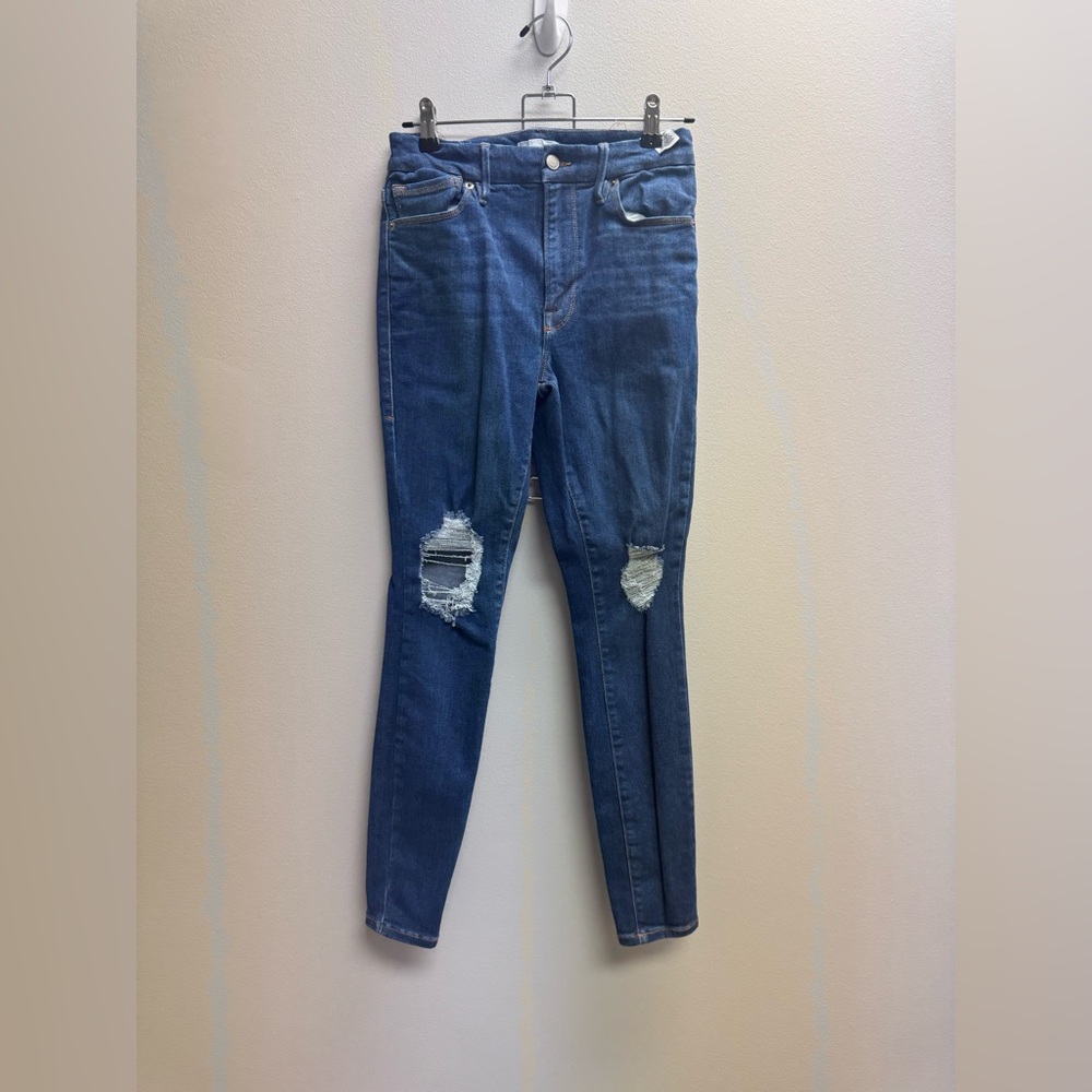 Good American Dark Blue Ripped Straight Leg Jeans